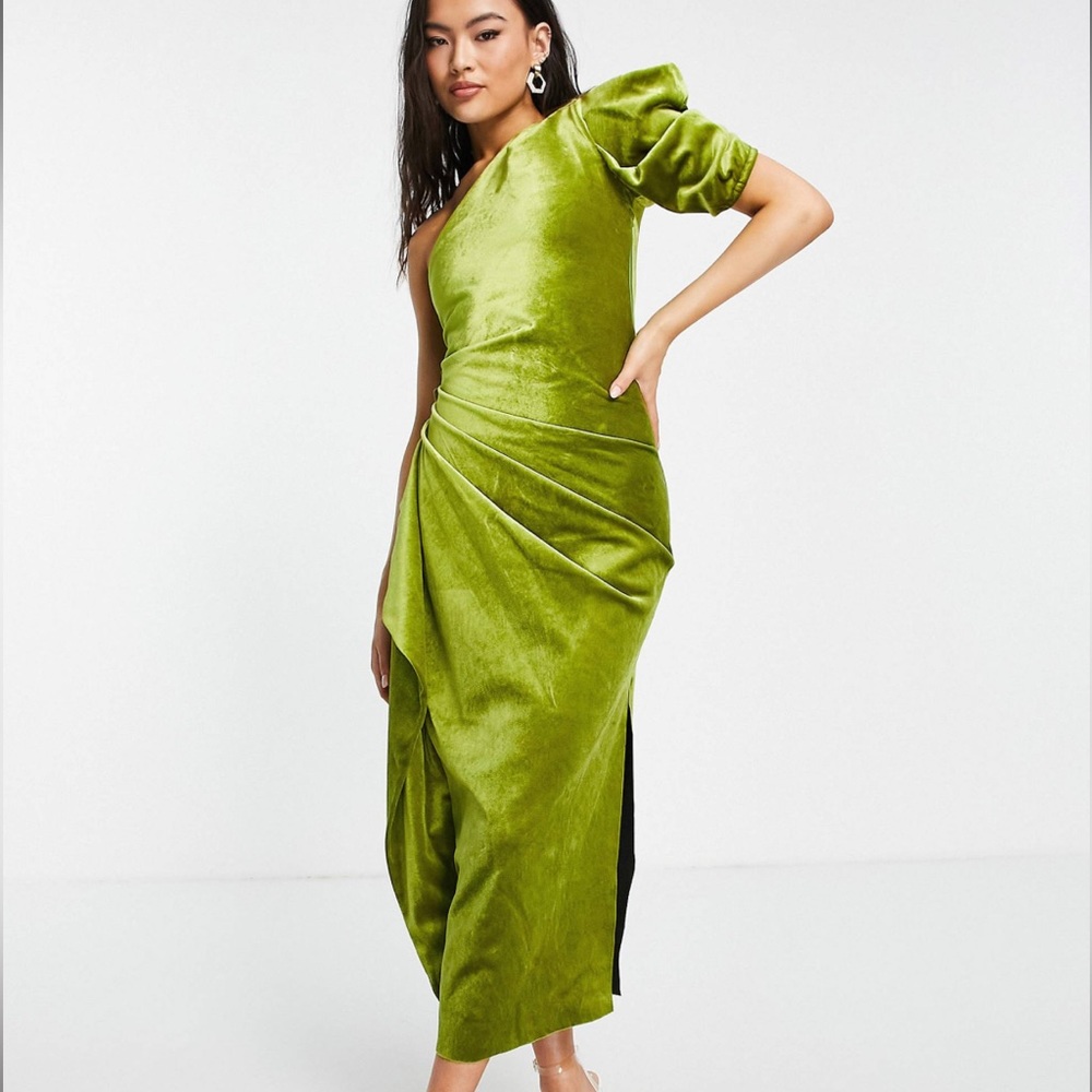 ASOS DESIGN one shoulder puff sleeve velvet ruffle midi dress in olive